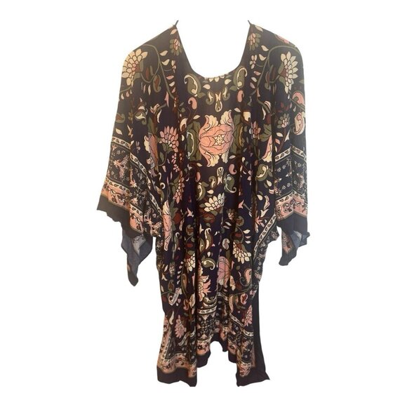 Escape By Blu Pepper Kimono Duster One Size Boho Navy Peach Floral Cover Up - Picture 6 of 10